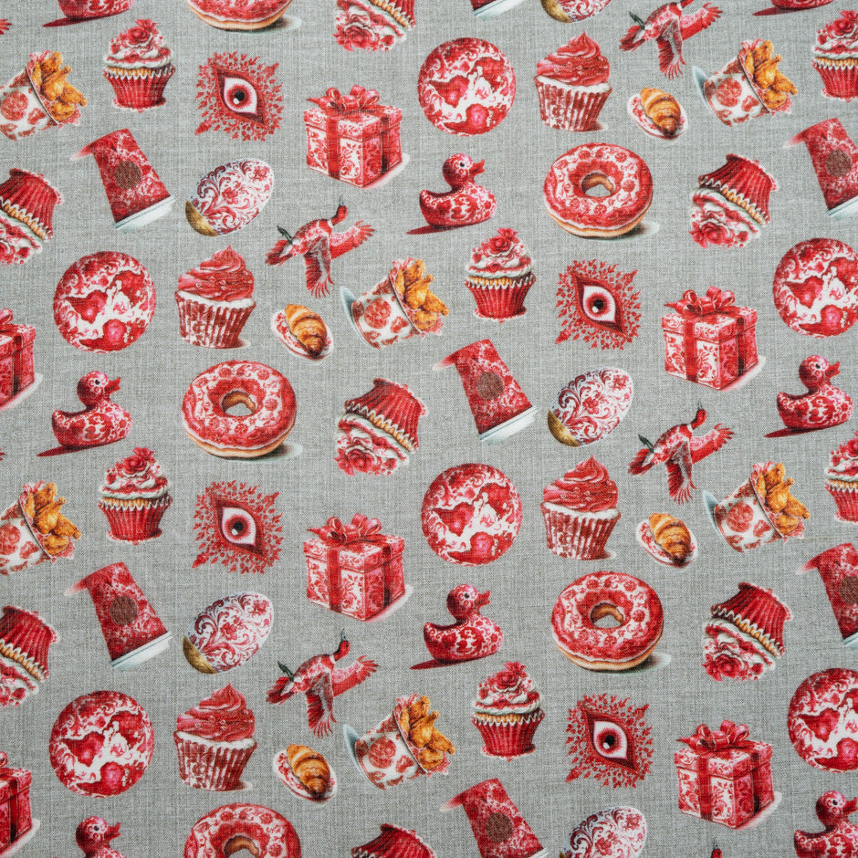 Cherry Red 'Tea Time' Printed Pure Linen