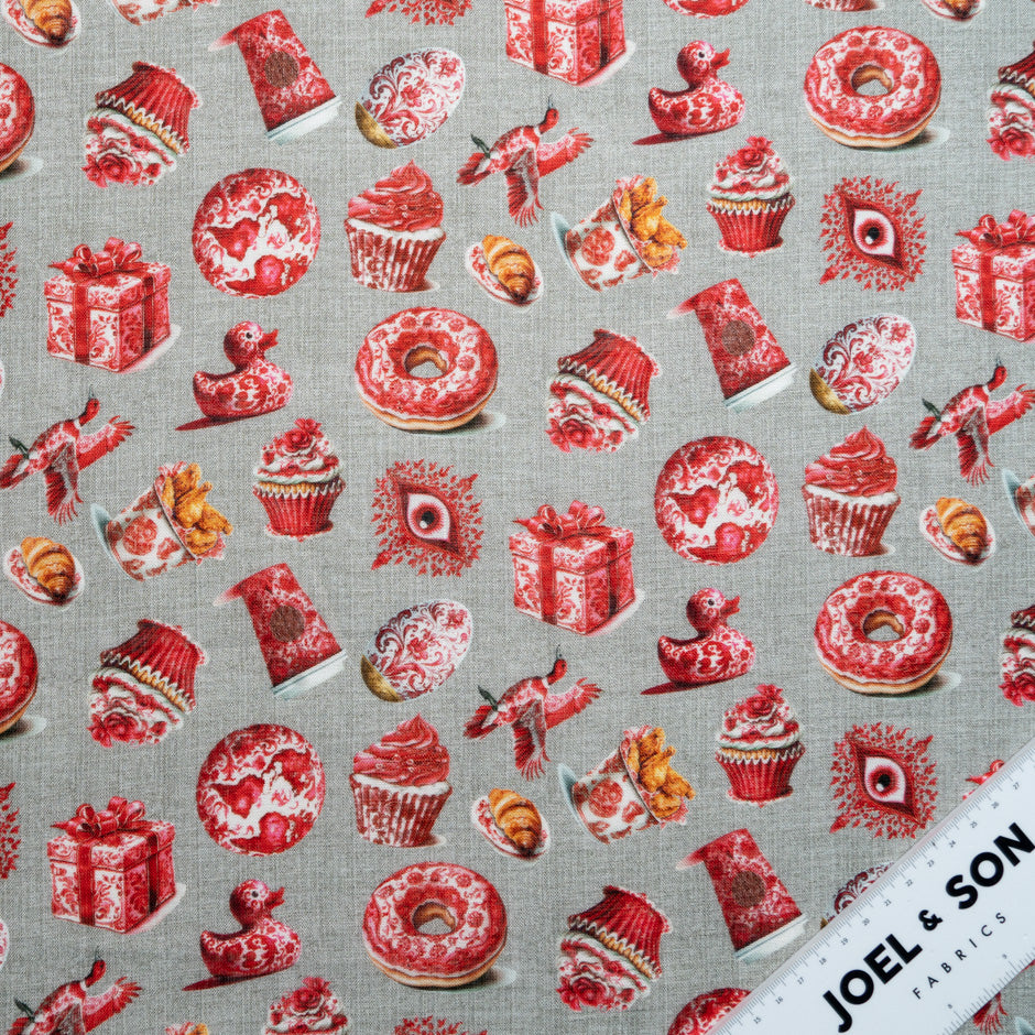 Cherry Red 'Tea Time' Printed Pure Linen