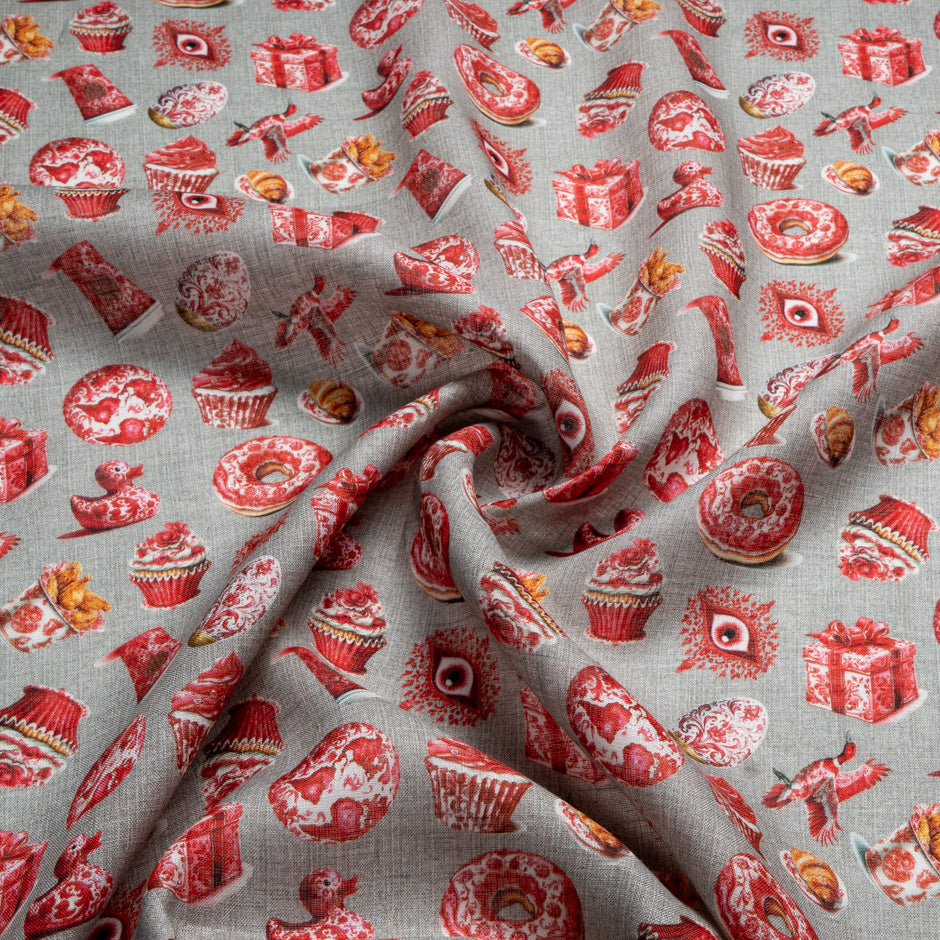 Cherry Red 'Tea Time' Printed Pure Linen