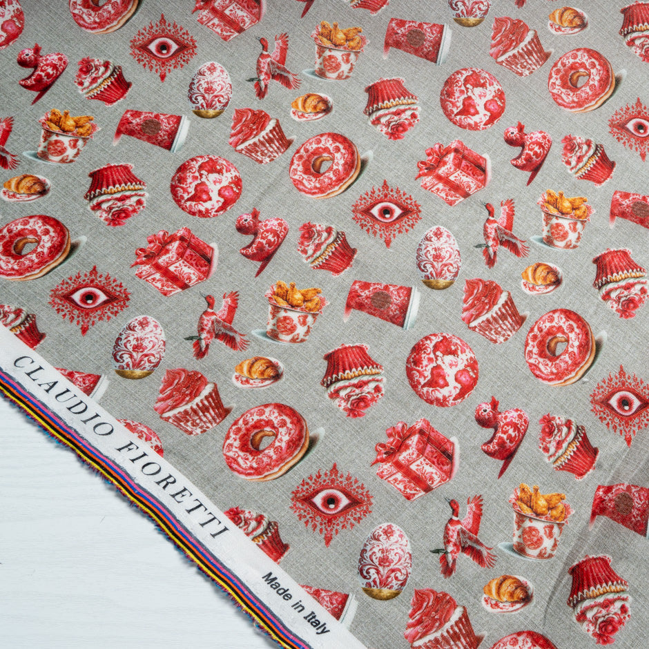 Cherry Red 'Tea Time' Printed Pure Linen