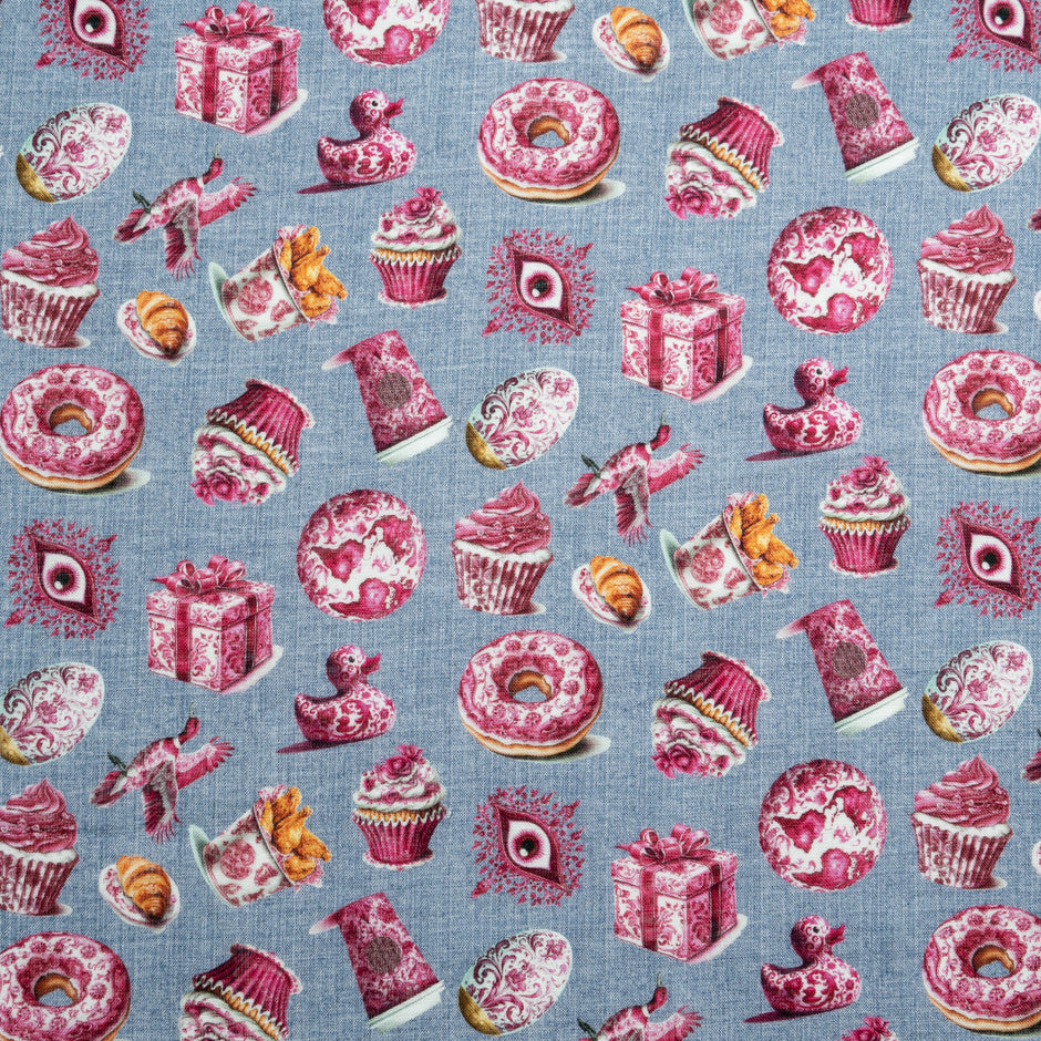 Magenta Pink 'Tea Time' Printed Blue Pure Linen