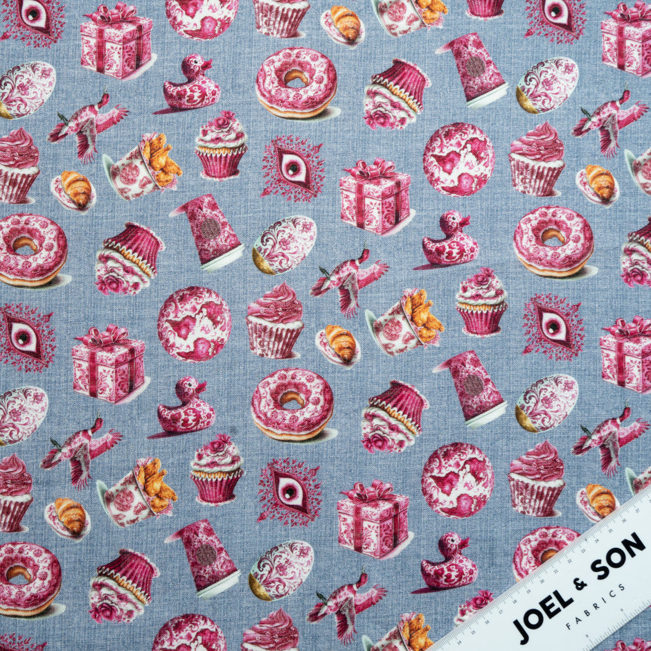 Magenta Pink 'Tea Time' Printed Blue Pure Linen