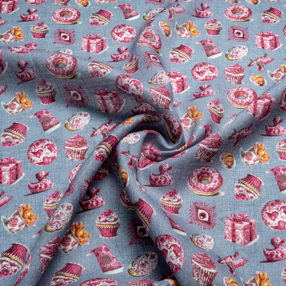 Magenta Pink 'Tea Time' Printed Blue Pure Linen