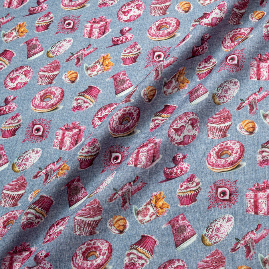 Magenta Pink 'Tea Time' Printed Blue Pure Linen