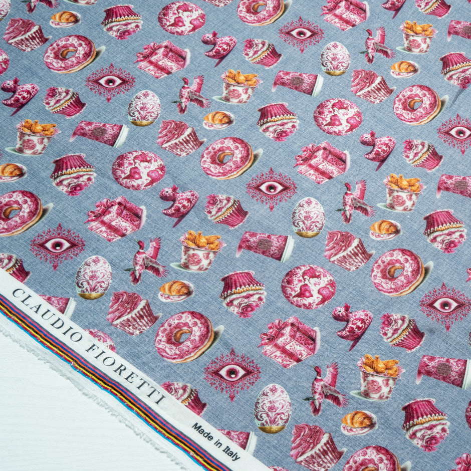 Magenta Pink 'Tea Time' Printed Blue Pure Linen