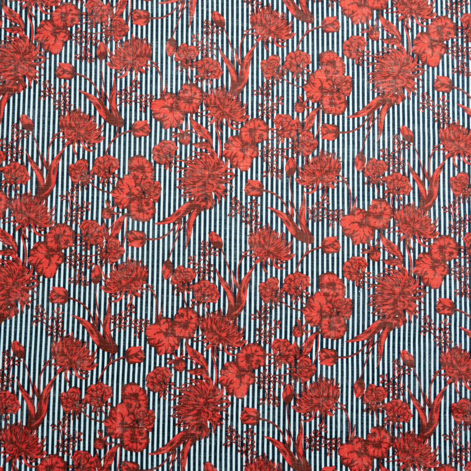 Red Floral Blue Striped Printed Linen (A 2m Piece)