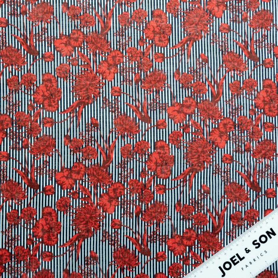 Red Floral Blue Striped Printed Linen (A 2m Piece)