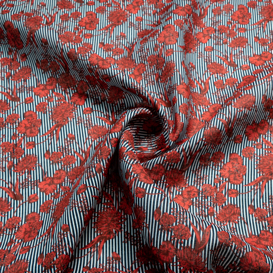 Red Floral Blue Striped Printed Linen (A 2m Piece)
