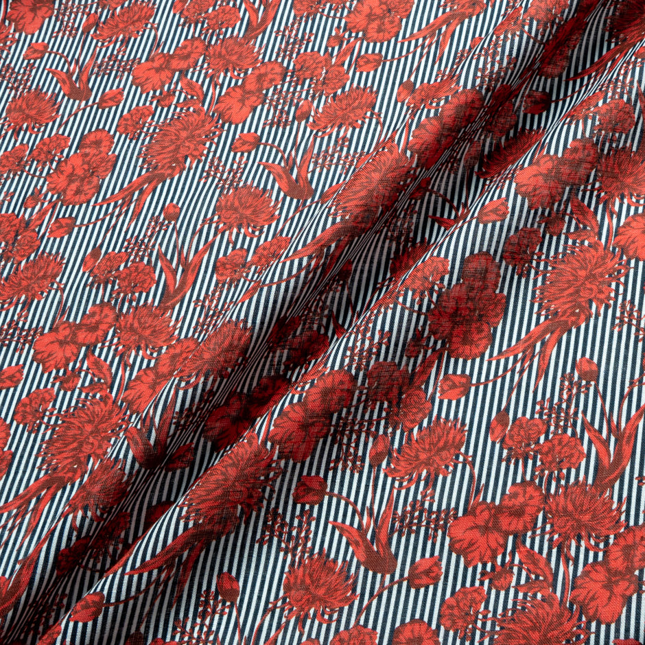 Red Floral Blue Striped Printed Linen (A 2m Piece)