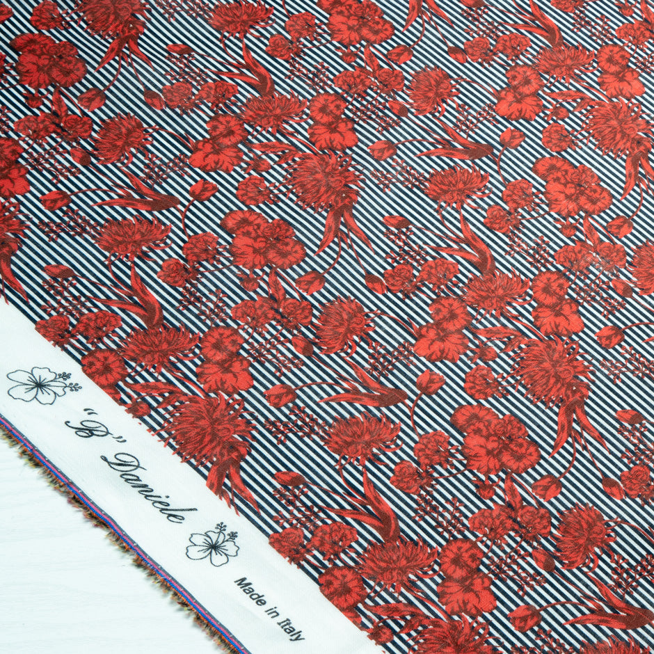 Red Floral Blue Striped Printed Linen (A 2m Piece)