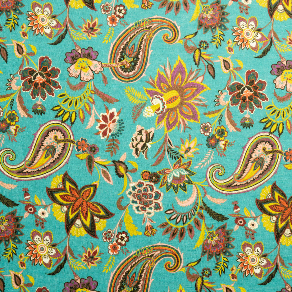 Multi Floral Printed Turquoise Pure Linen