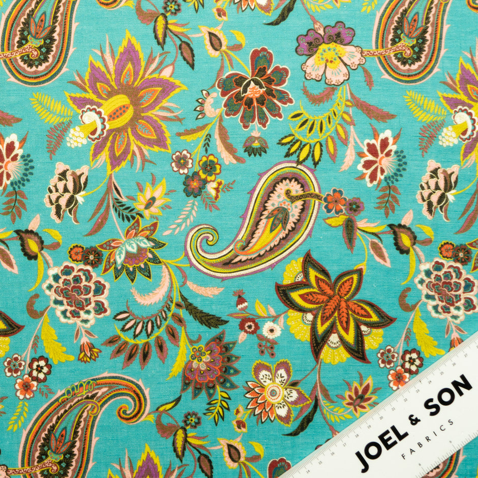Multi Floral Printed Turquoise Pure Linen