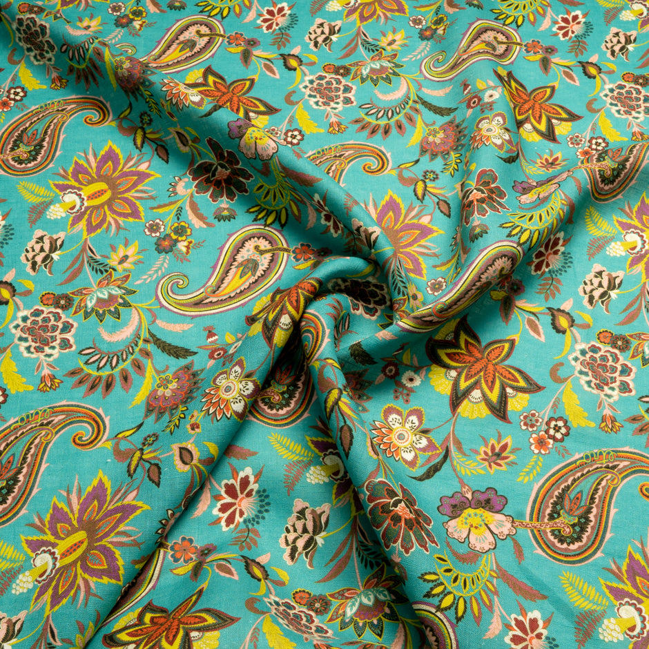 Multi Floral Printed Turquoise Pure Linen