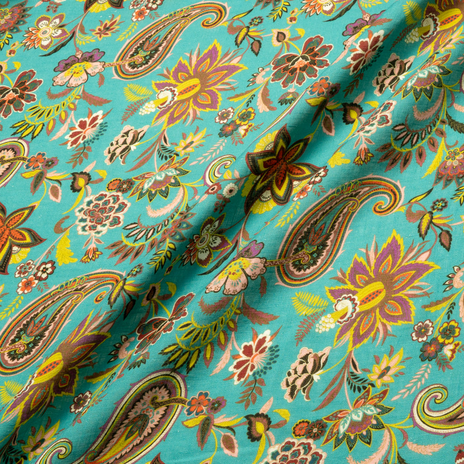 Multi Floral Printed Turquoise Pure Linen