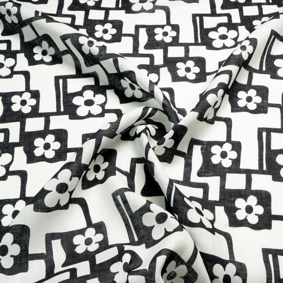 Black & White Geometric Floral Printed Linen