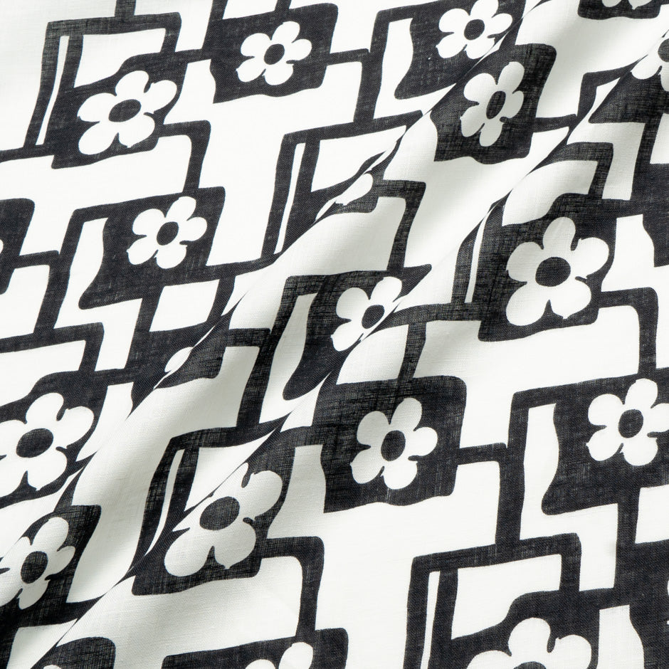 Black & White Geometric Floral Printed Linen