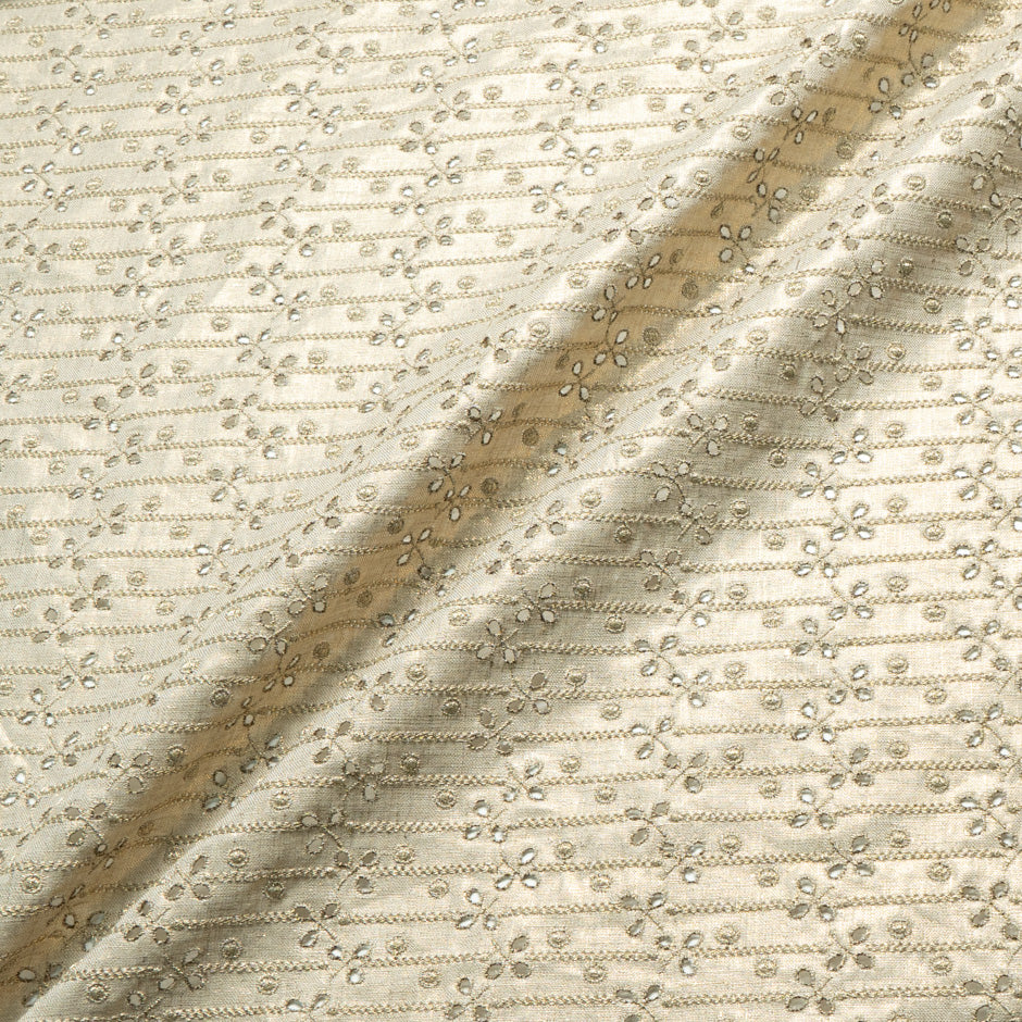 Gold Laminated Beige Embroidered Handkerchief Linen