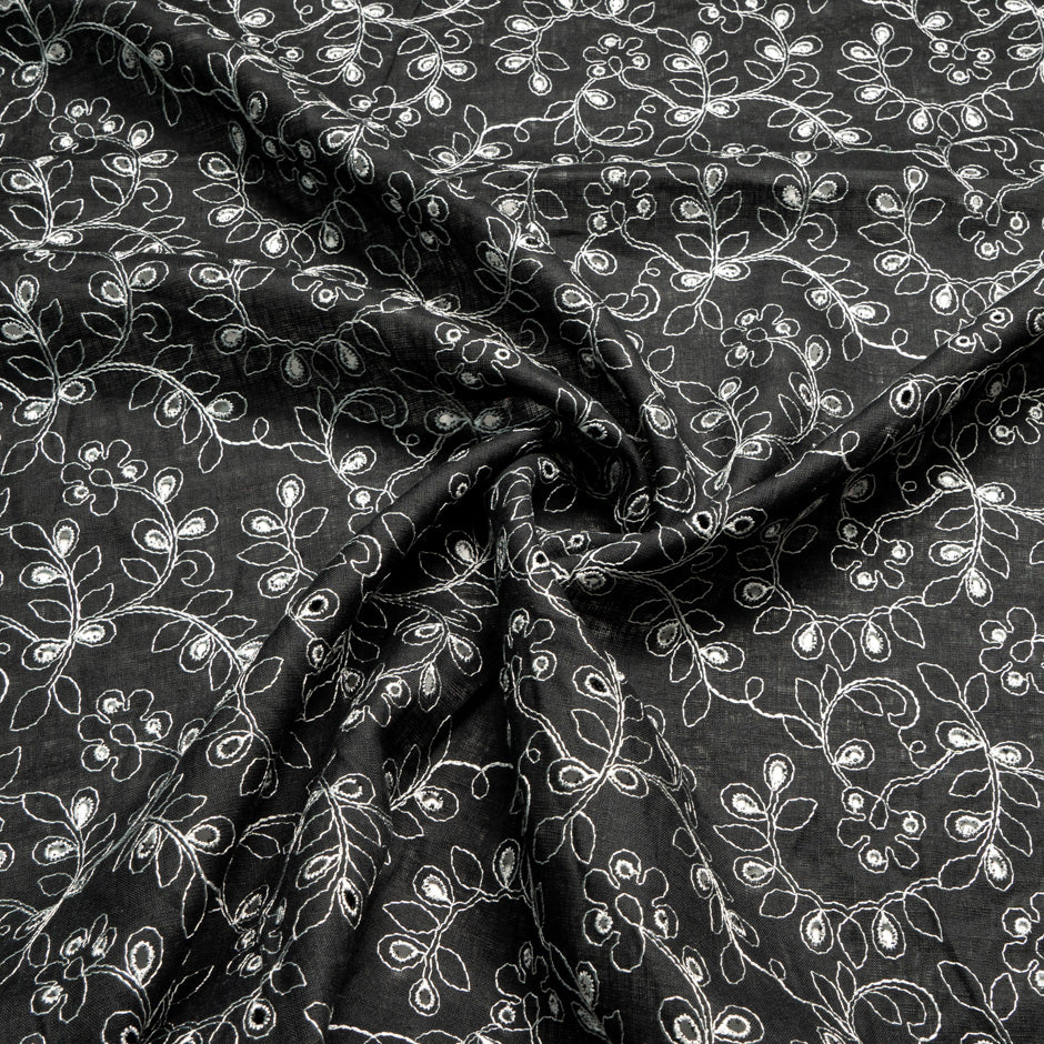 White Floral Embroidered Black Handkerchief Linen