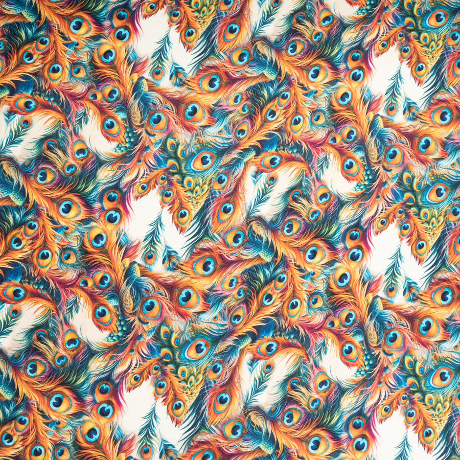 Multi Peacock Feather Printed Silk Twill