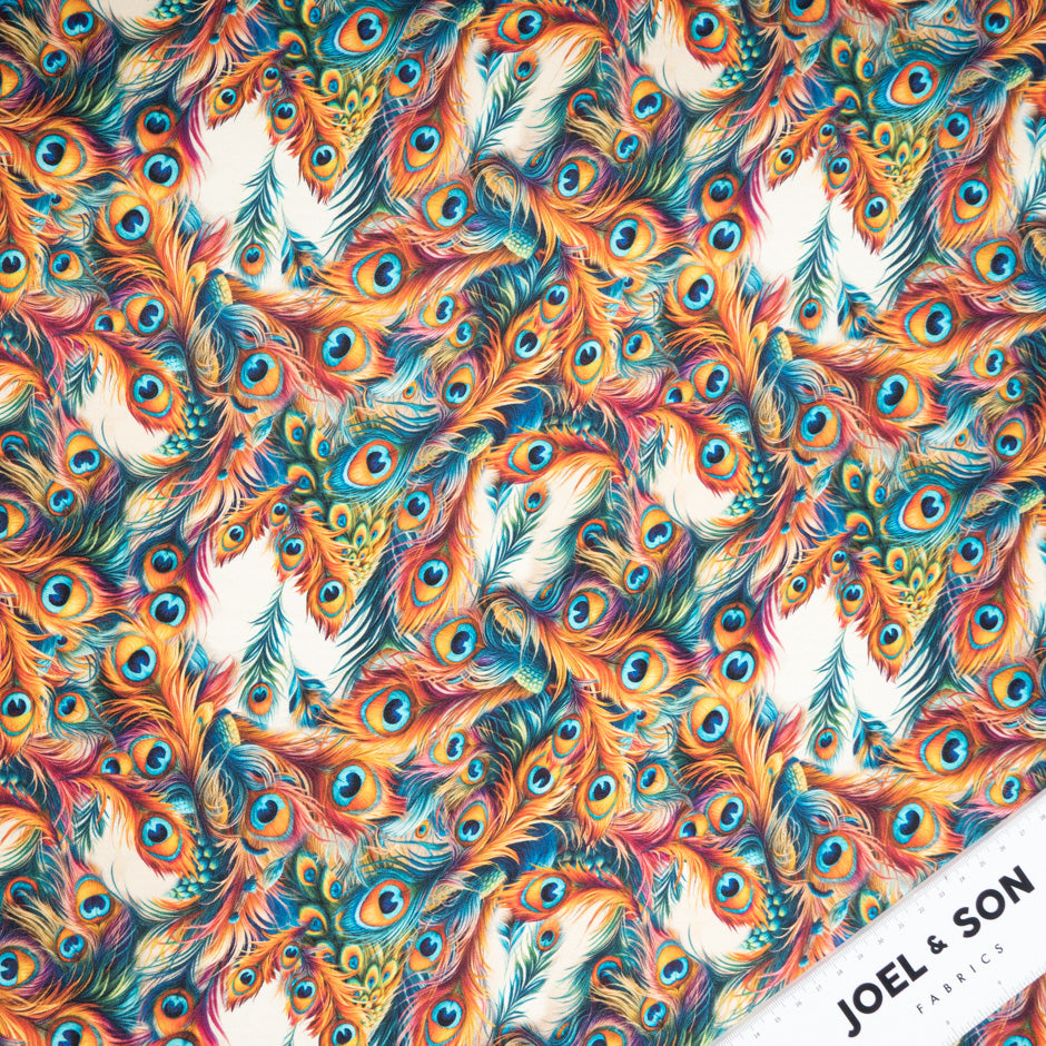 Multi Peacock Feather Printed Silk Twill