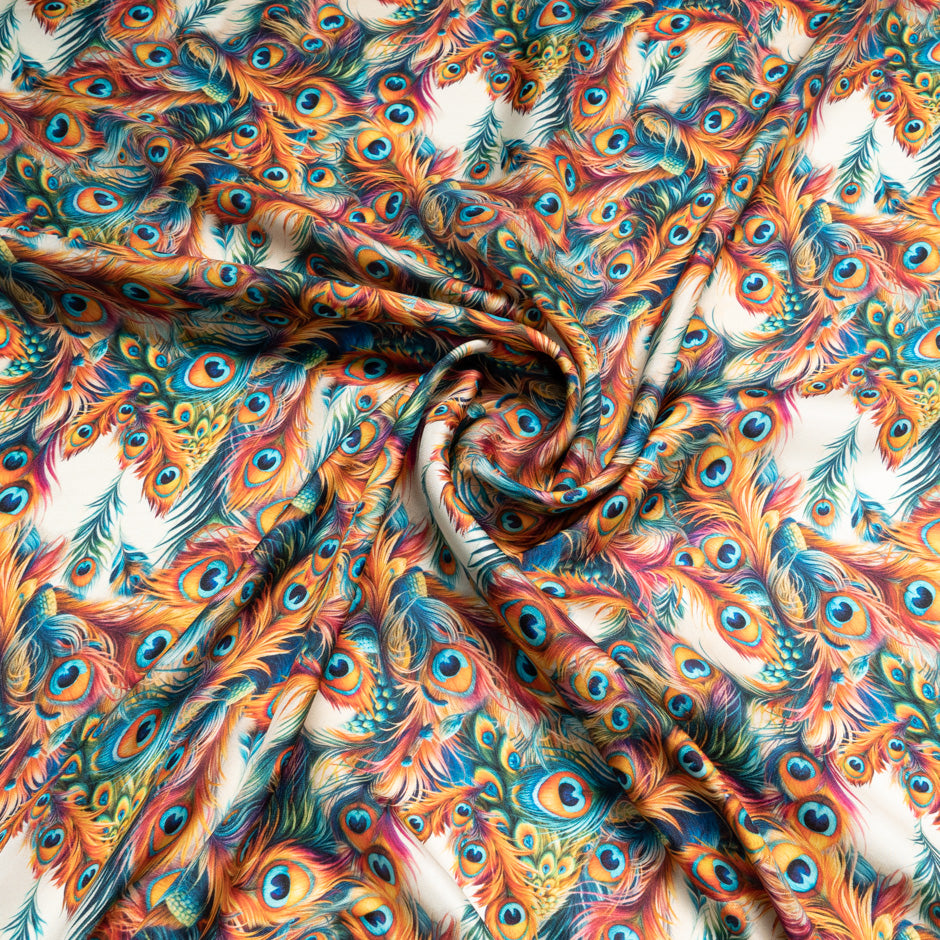 Multi Peacock Feather Printed Silk Twill