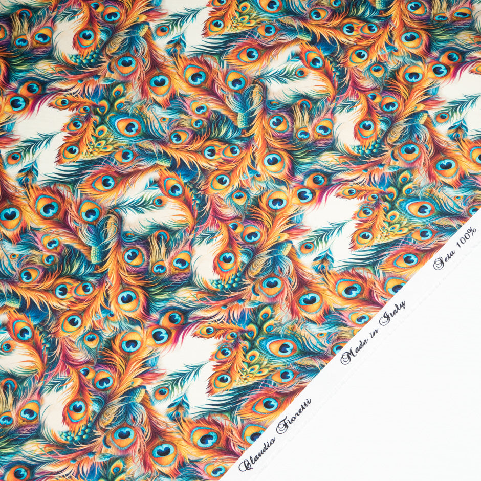 Multi Peacock Feather Printed Silk Twill