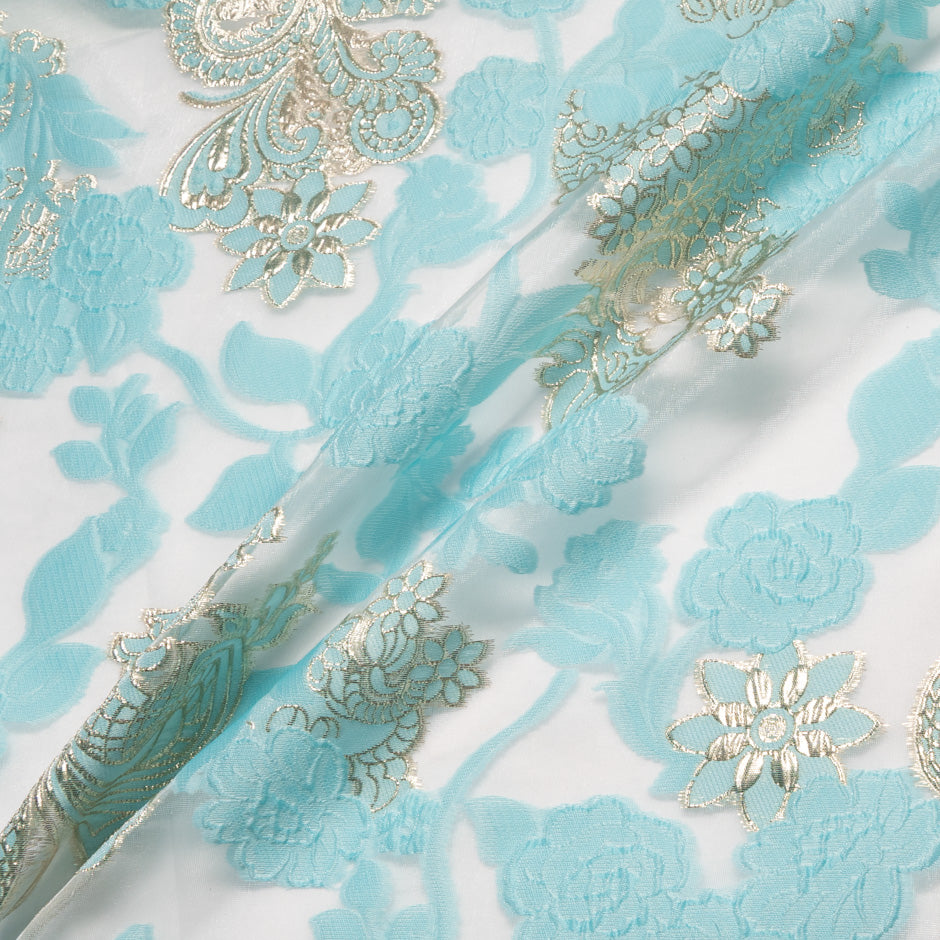 Baby Blue & Gold Floral Metallic Jacquard Organza