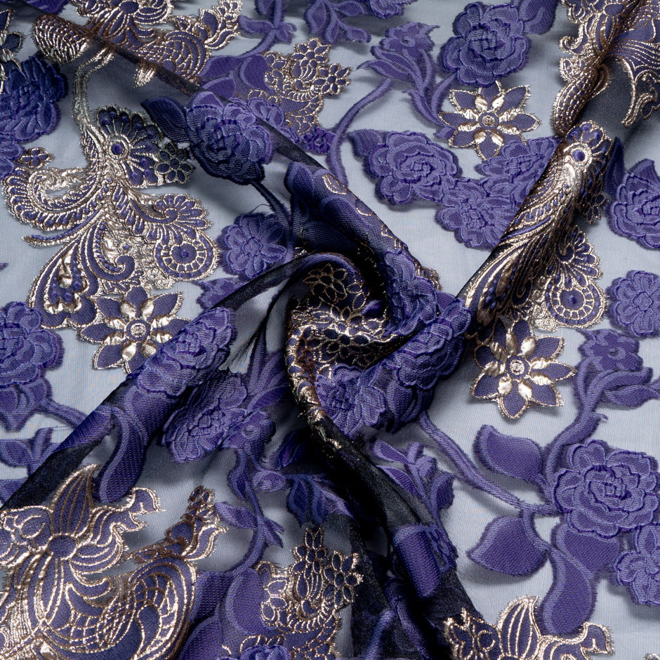 Purple & Gold Floral Metallic Jacquard Organza