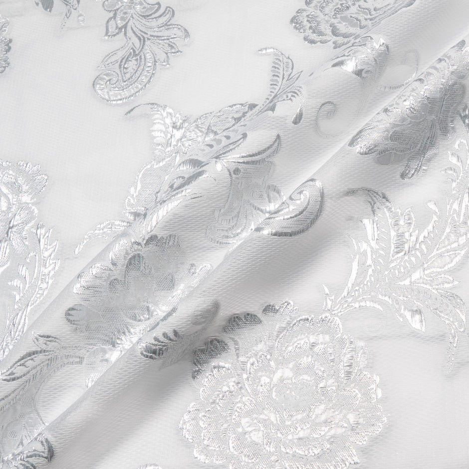 White & Silver Metallic Jacquard Organza Cloqué