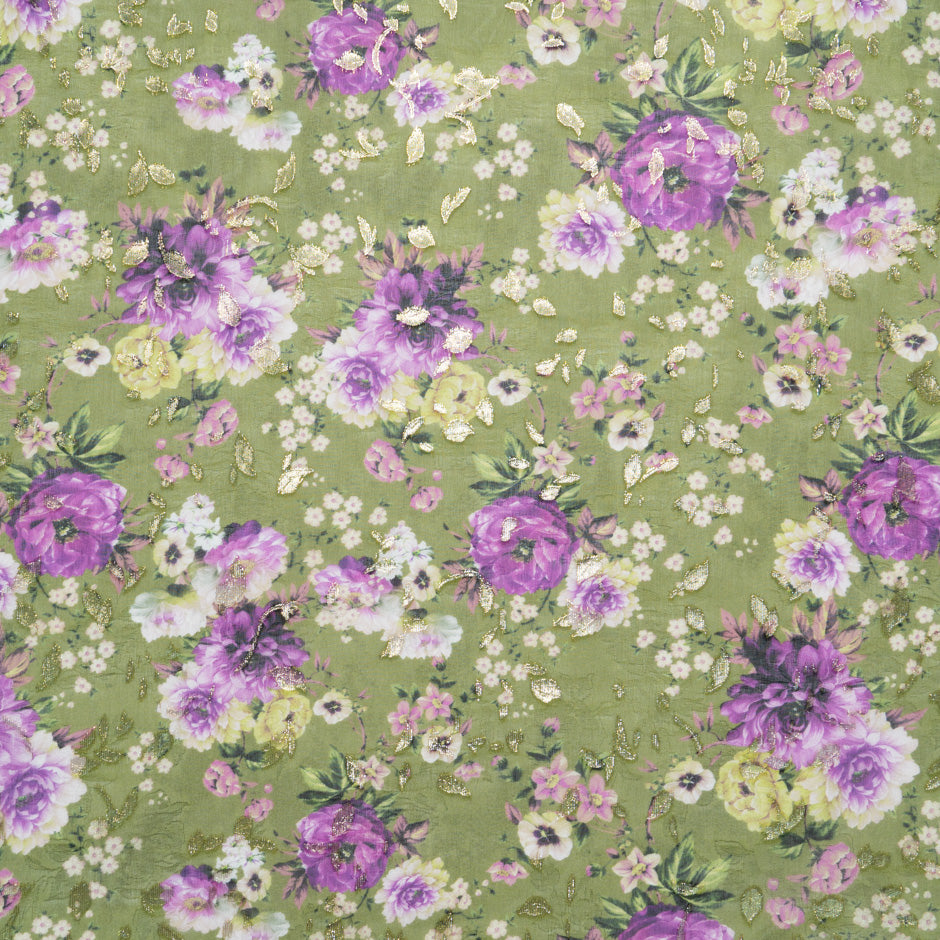 Purple Printed Pea Green Silk Metallic Jacquard Georgette