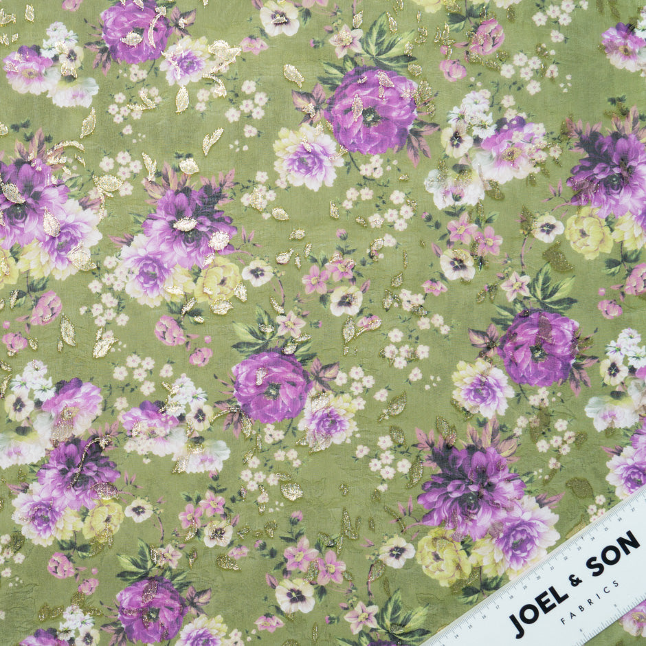 Purple Printed Pea Green Silk Metallic Jacquard Georgette