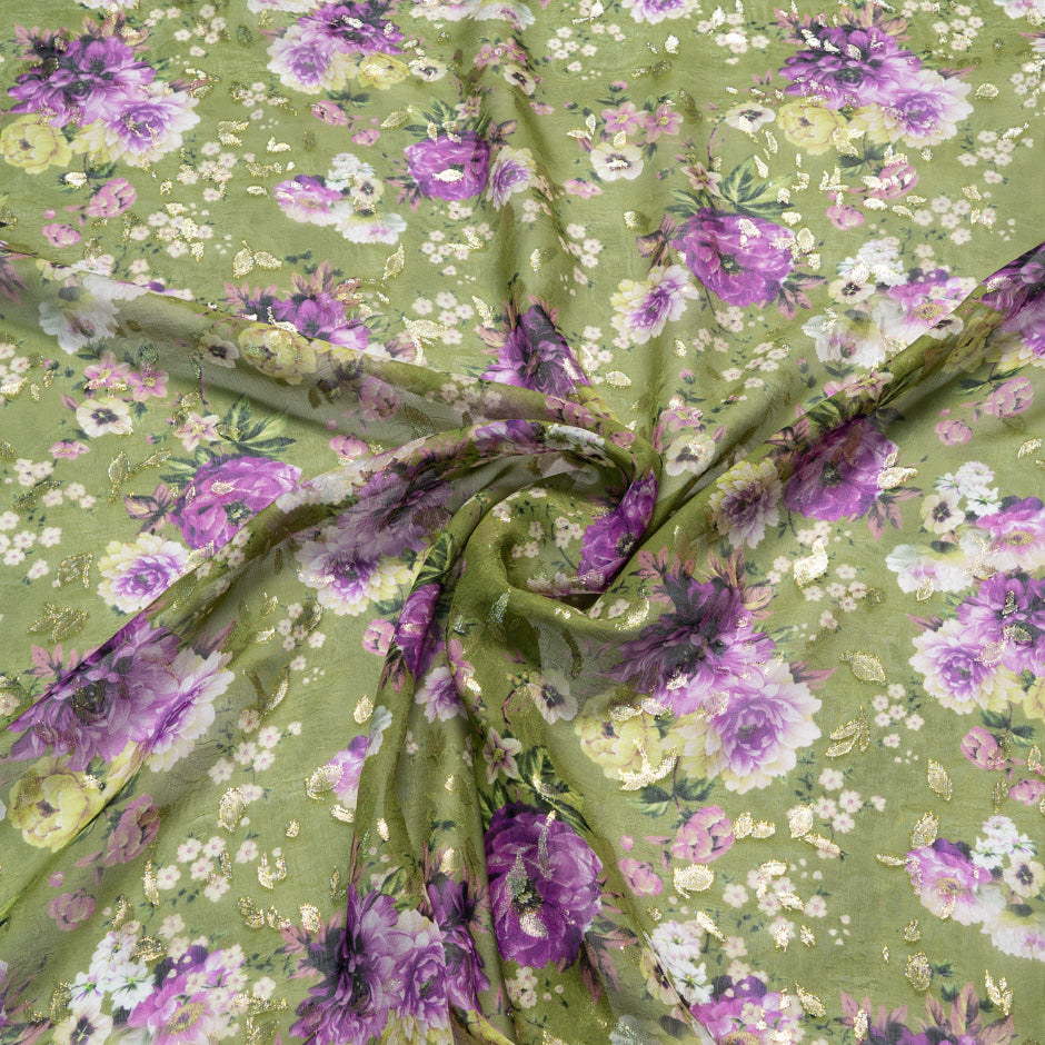 Purple Printed Pea Green Silk Metallic Jacquard Georgette