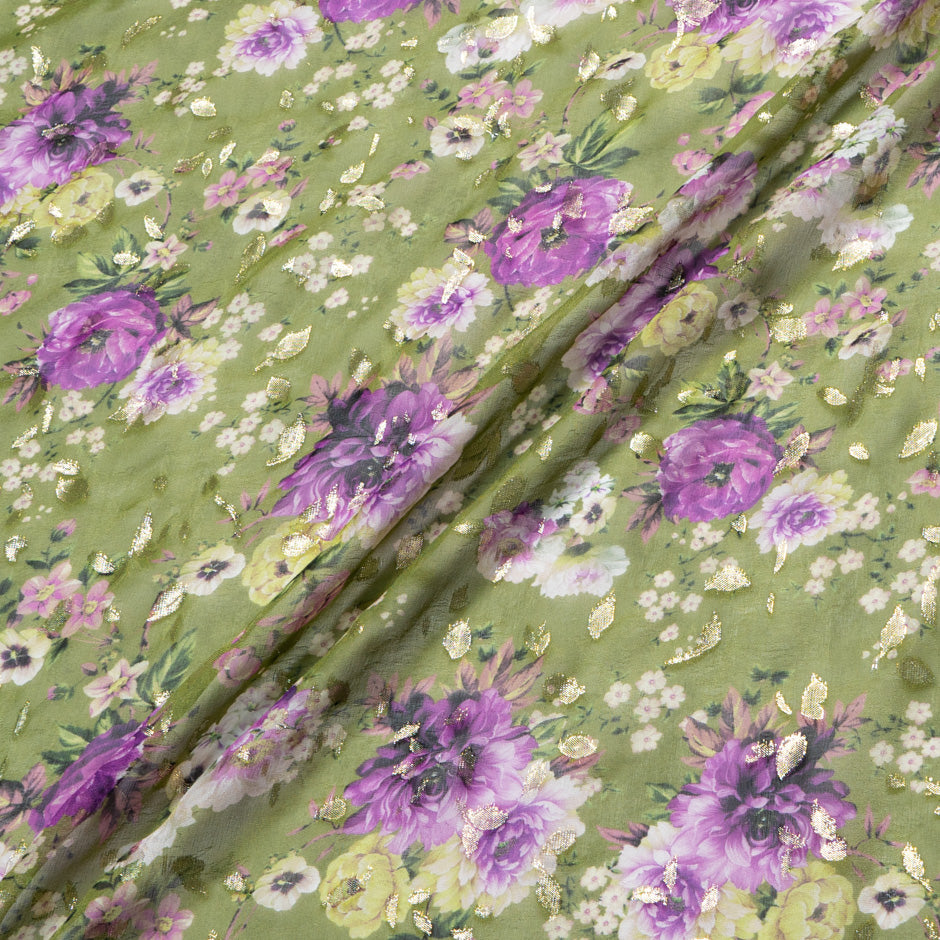 Purple Printed Pea Green Silk Metallic Jacquard Georgette
