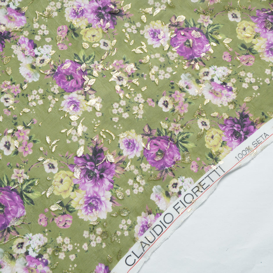 Purple Printed Pea Green Silk Metallic Jacquard Georgette