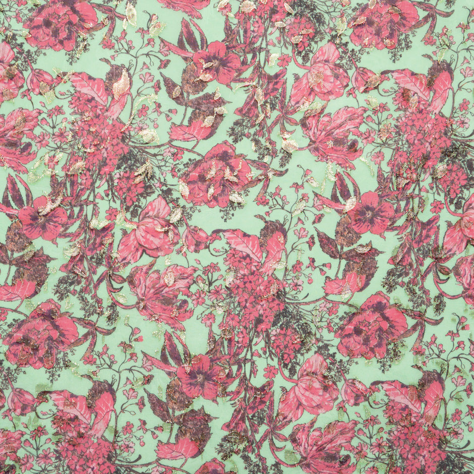 Cherry Red Floral Printed Metallic Jacquard Georgette