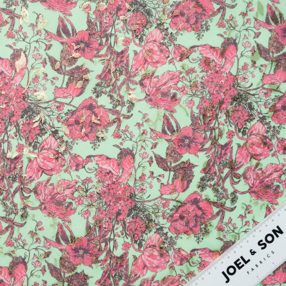 Cherry Red Floral Printed Metallic Jacquard Georgette