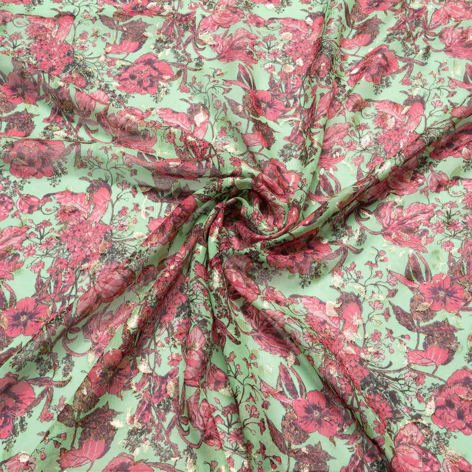 Cherry Red Floral Printed Metallic Jacquard Georgette