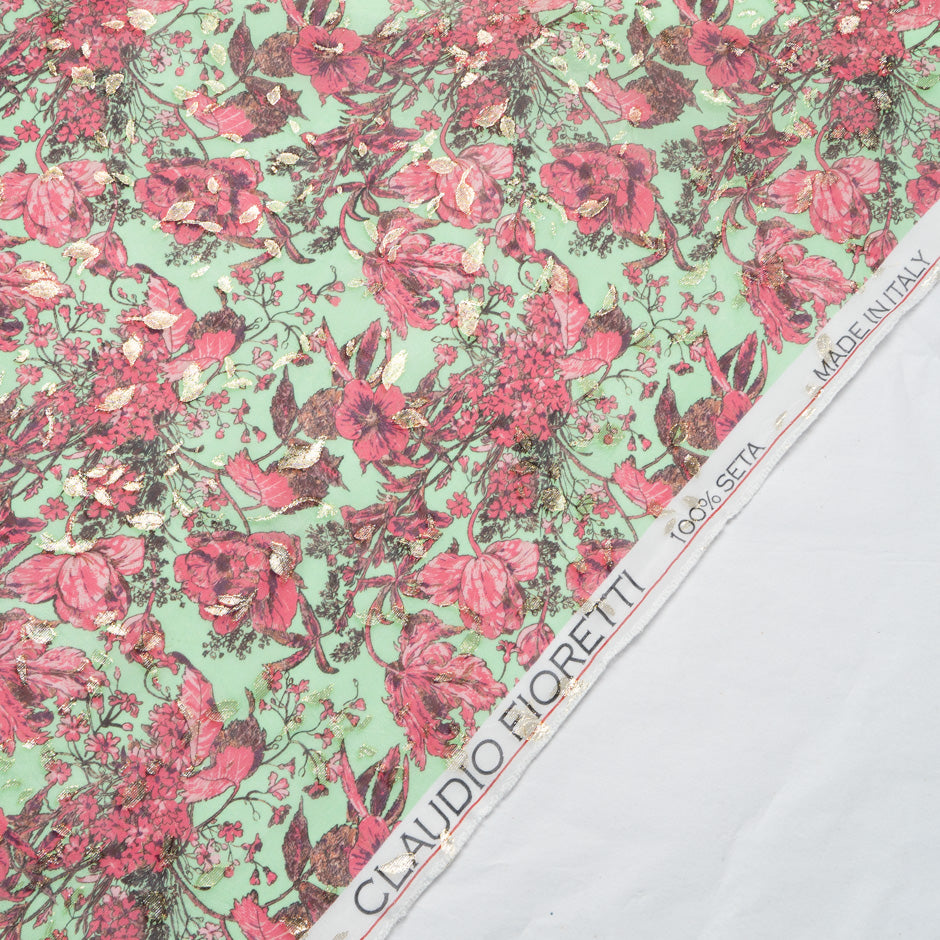 Cherry Red Floral Printed Metallic Jacquard Georgette