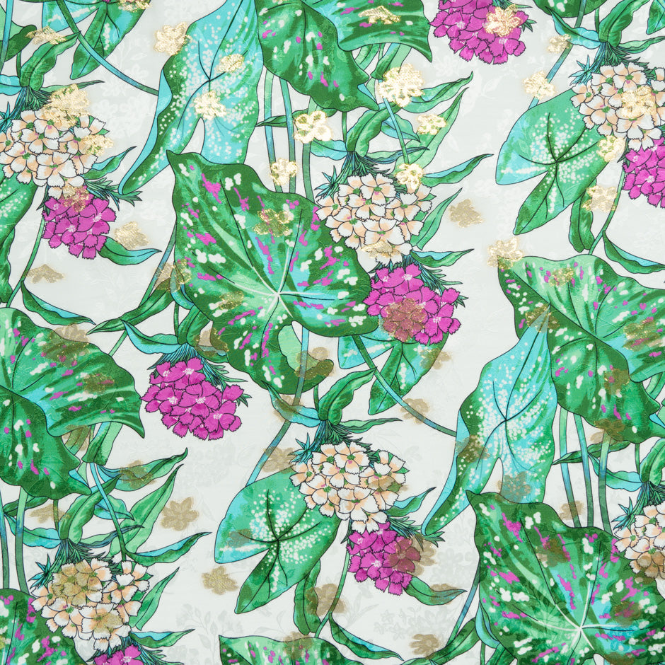 Fuchsia Floral Printed White Silk Metallic Jacquard