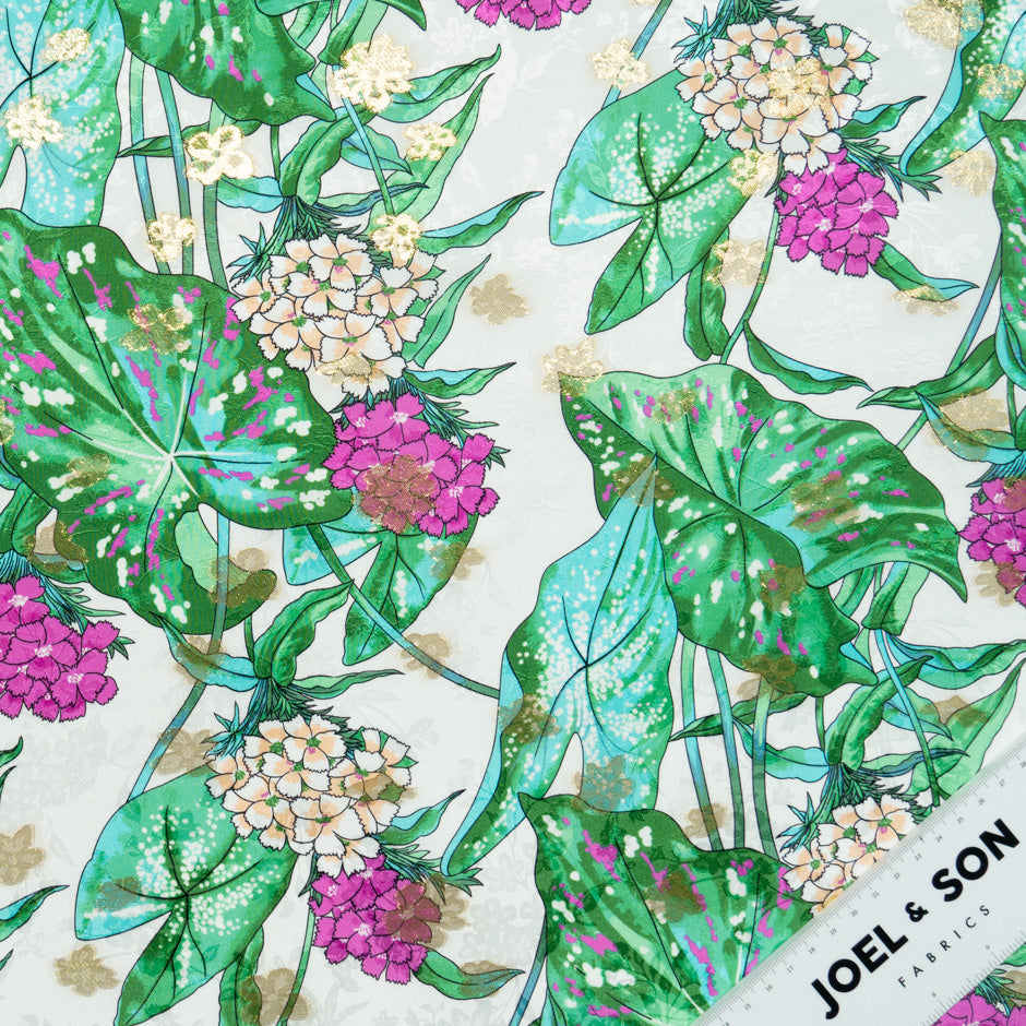 Fuchsia Floral Printed White Silk Metallic Jacquard