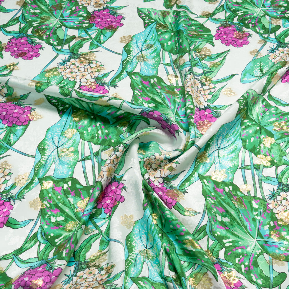 Fuchsia Floral Printed White Silk Metallic Jacquard