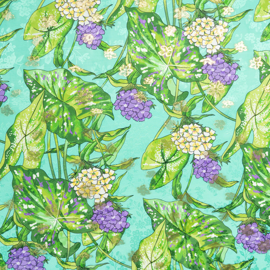 Purple Floral Printed Aqua Silk Metallic Jacquard