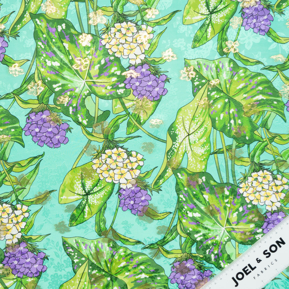 Purple Floral Printed Aqua Silk Metallic Jacquard