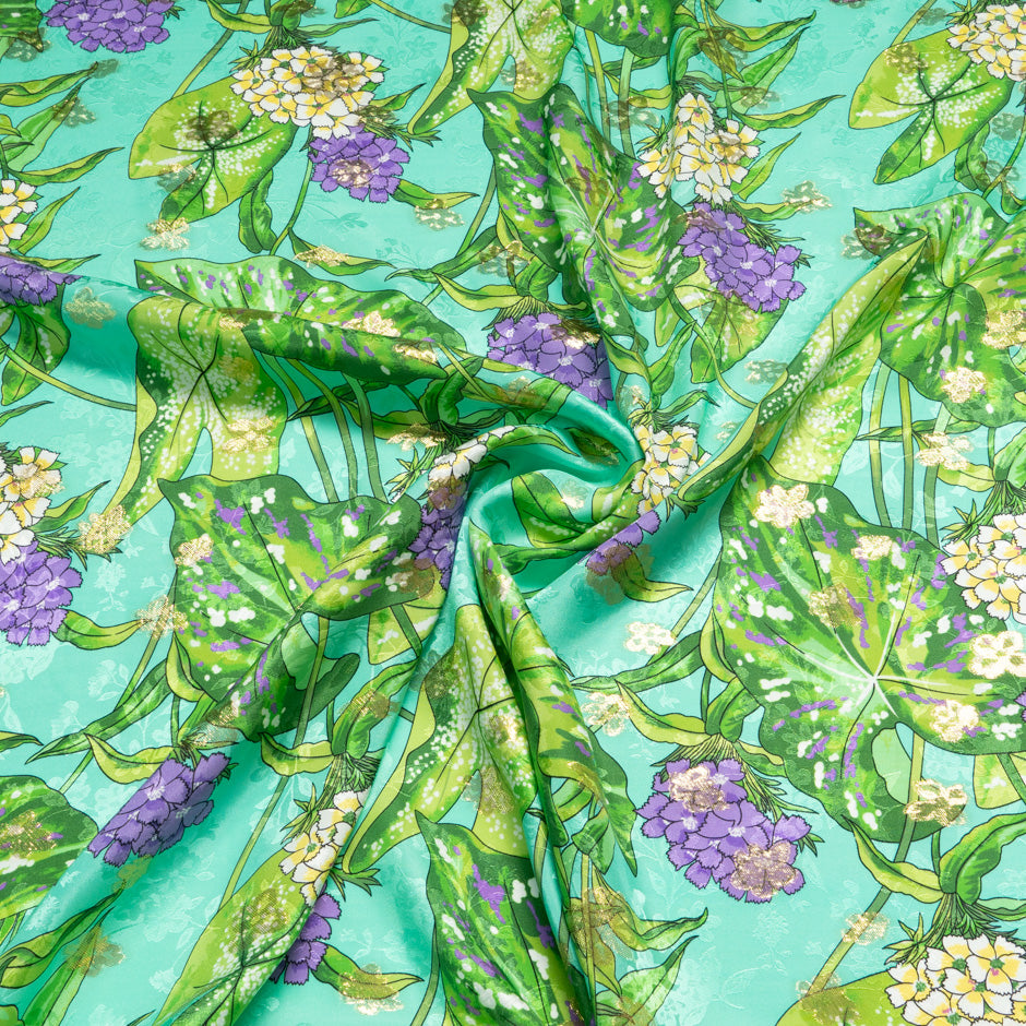 Purple Floral Printed Aqua Silk Metallic Jacquard