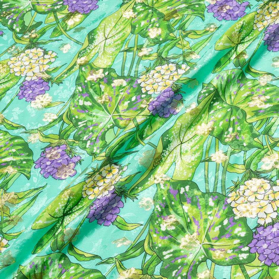 Purple Floral Printed Aqua Silk Metallic Jacquard
