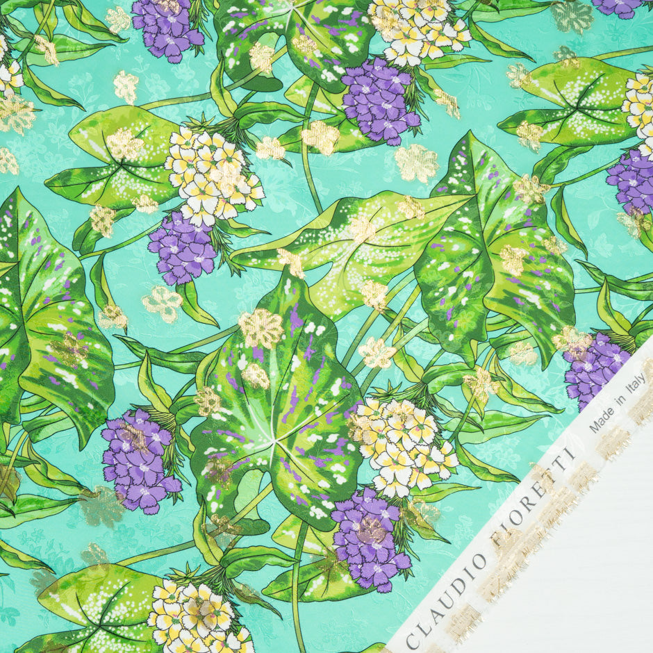 Purple Floral Printed Aqua Silk Metallic Jacquard