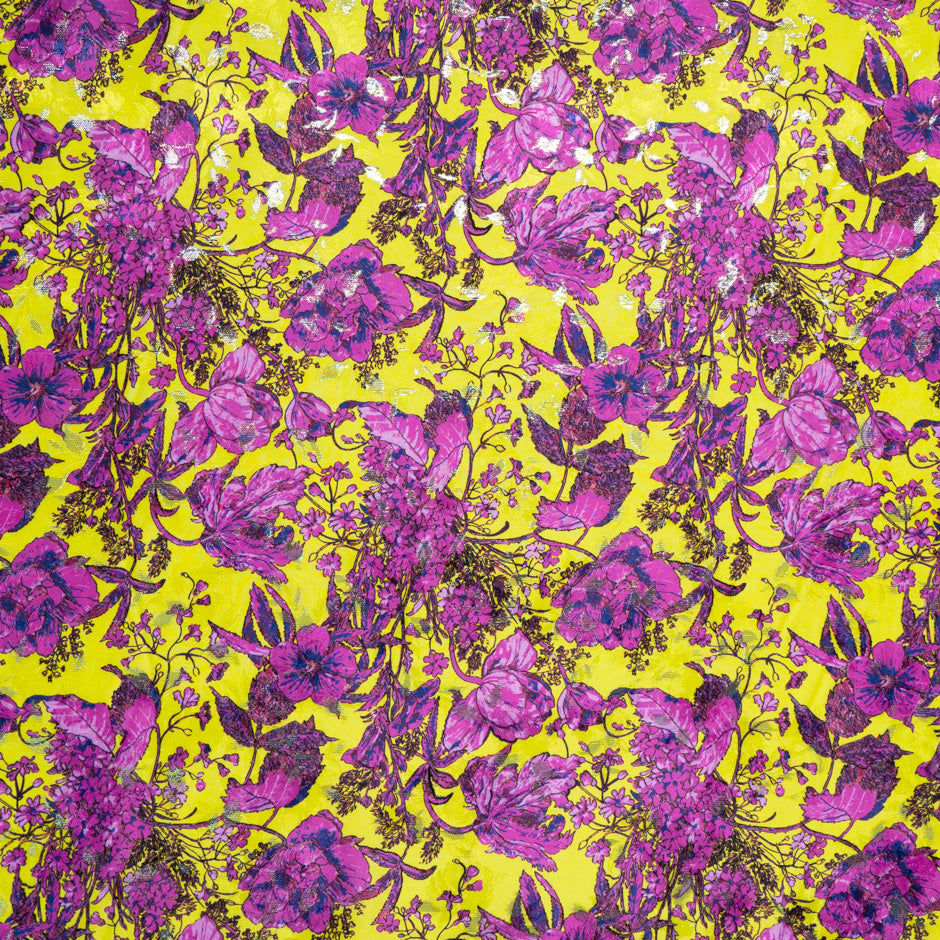 Magenta Floral Printed Yellow Silk Metallic Jacquard