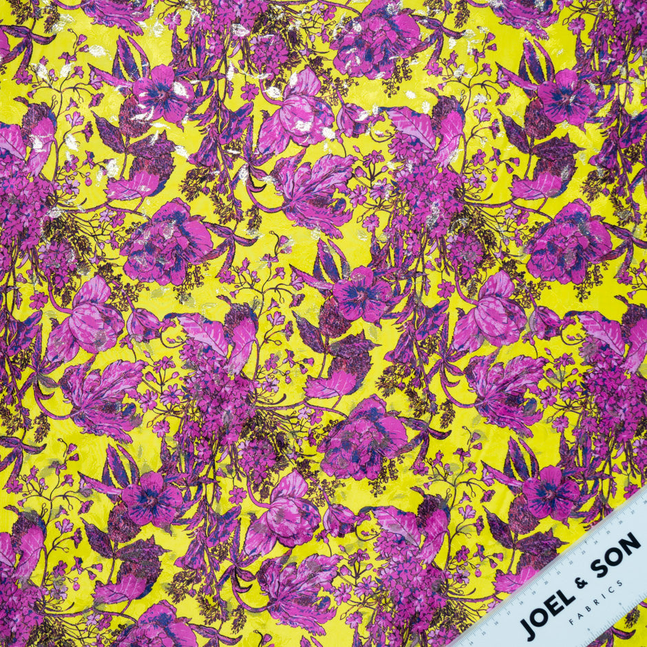 Magenta Floral Printed Yellow Silk Metallic Jacquard