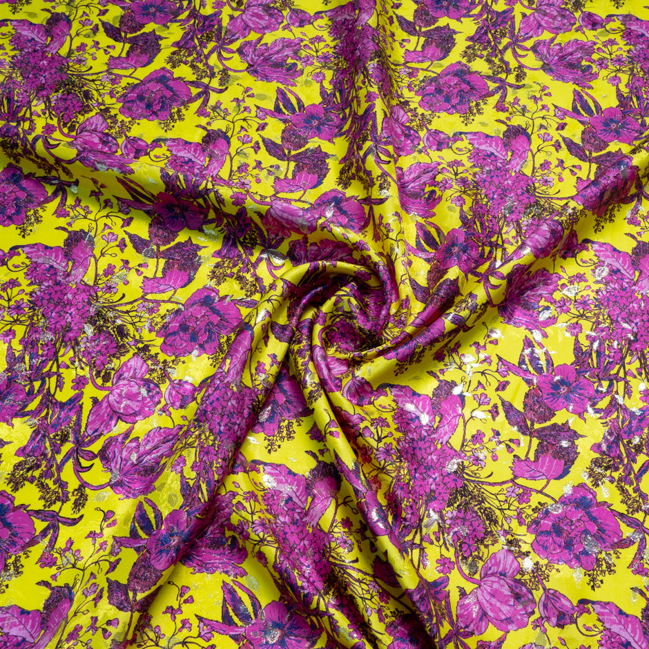 Magenta Floral Printed Yellow Silk Metallic Jacquard