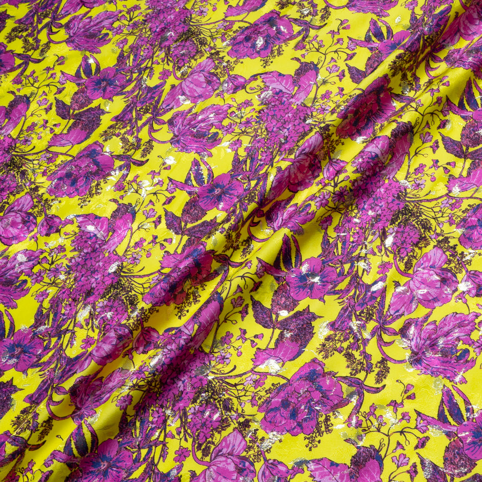 Magenta Floral Printed Yellow Silk Metallic Jacquard